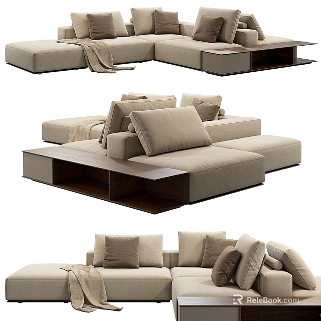 Modern Beige Sectional Sofa With Plush Pillows Wooden Base And Cozy Throw Blanket 3d model 