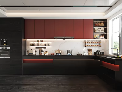 Modern Kitchen Interior Design With Red Cabinets Black Counter And Appliances 3d model