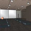 Modern Gym Interior With Marble Reception Desk Fitness Equipment Wooden Walls And Ceiling Lights