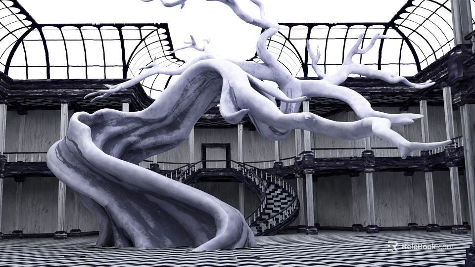 Cultural Center Interior With Large White Twisted Tree Sculpture Glass Dome And Spiral Staircase 3d model 