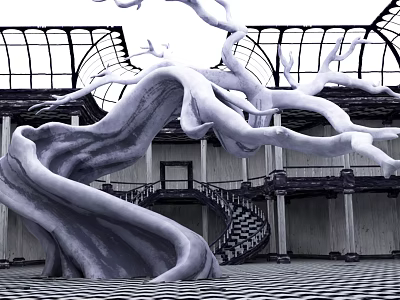 Cultural Center Interior With Large White Twisted Tree Sculpture Glass Dome And Spiral Staircase 3d model