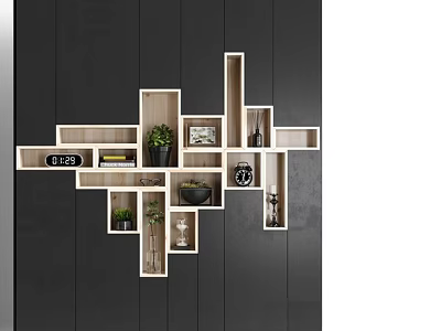 Decorative Ornament Combinations on Wooden Geometric Shelves with Green Plants Photo Frames Clock and Vases 3d model