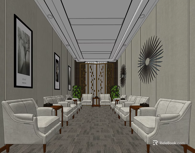 Elegant Hotel Public Lounge Area With White Sofas Patterned Carpet Decorative Paintings And Green Plants 3d model 