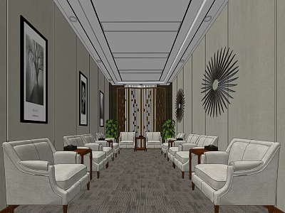 Elegant Hotel Public Lounge Area With White Sofas Patterned Carpet Decorative Paintings And Green Plants 3d model
