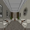 Elegant Hotel Public Lounge Area With White Sofas Patterned Carpet Decorative Paintings And Green Plants