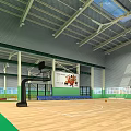 Modern Sports Stadium Exterior With Streamlined Colorful Stripes Sports Silhouettes And Gray Open Ground