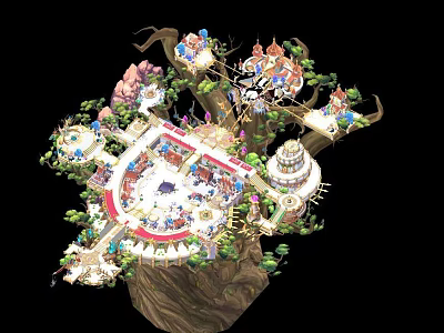 Floating Fantasy Treehouse Architecture With Multi Level Structure Colorful Roofs Bridge Connections And Greenery 3d model