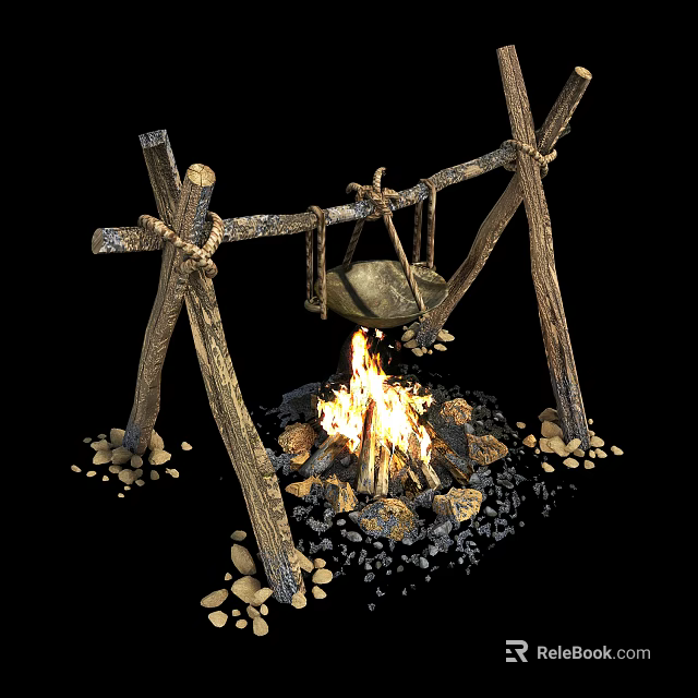 Garden Decor With Wooden Frame Hanging Cauldron And Burning Flames 3d model 