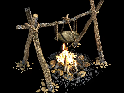 Garden Decor With Wooden Frame Hanging Cauldron And Burning Flames 3d model