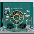 Blue Background Photo Check-in Spot With Large Clock Globe Cloud Decorations Planet Ornaments And Sofas