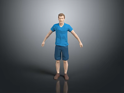 Man In Blue T Shirt And Blue Shorts Standing Against Gray Background 3d model