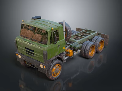 Green Heavy Duty Truck Chassis With Muddy Body And Yellow Wheels 3d model