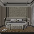 Elegant Modern Bedroom Interior With Geometric Pattern Wallpaper Upholstered Headboard And Bench