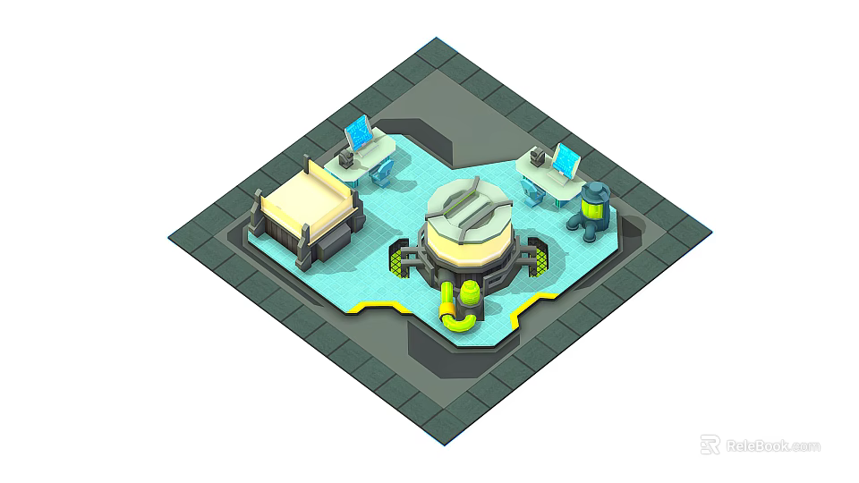 Cartoon Isometric Scene With Workstations Computers Central Circular Structure Blue Area And Yellow Elements 3d model