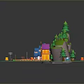 Modern 3D Cartoon Village Scenery With Colorful Buildings Windmill And Green Hills