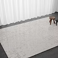 Square Rug With Light Beige Textured Pattern And Small Stools Near White Curtains