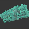 Modern Industrial Site Scene With Silos Conveyor Belts Trucks Buildings And Trees