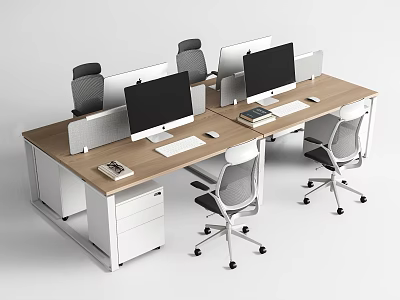 Modern Office Desk Workspace With Multiple Monitors Ergonomic Chairs And Storage Cabinets 3d model