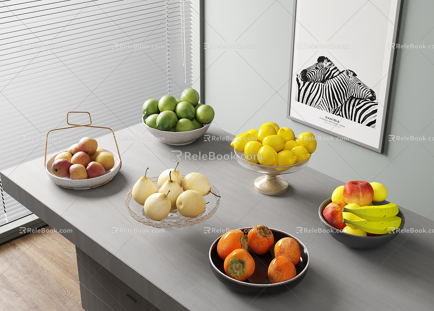 Fruit Kitchen Supplies Fruit Plate Apple Pear Banana Persimmon Green Lemon 3d model