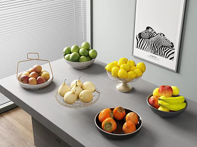 Assorted Fresh Fruits Including Apples Lemons Peaches On Gray Table With Zebra Art 3d model