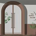 Brown Arched Double Doors With Ribbed Glass Tea Coffee CLUB Sign And Small Plant