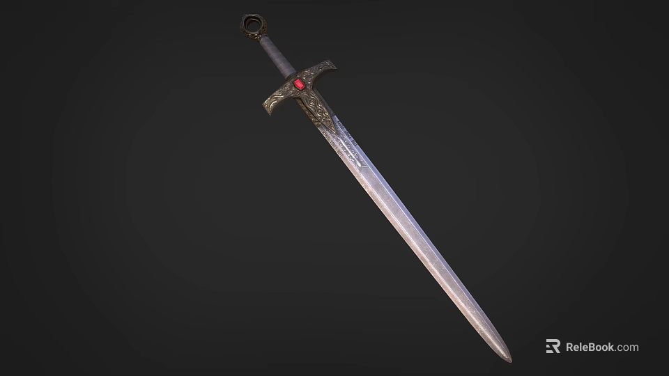 Vintage Medieval Style Ornate Sword With Red Gemstone Golden Hilt Engraved Blade 3d model 