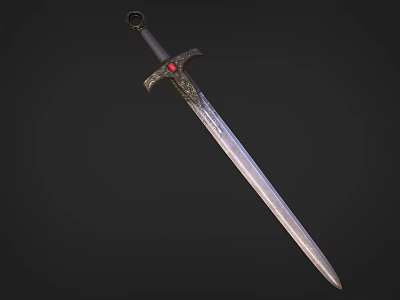 Vintage Medieval Style Ornate Sword With Red Gemstone Golden Hilt Engraved Blade 3d model