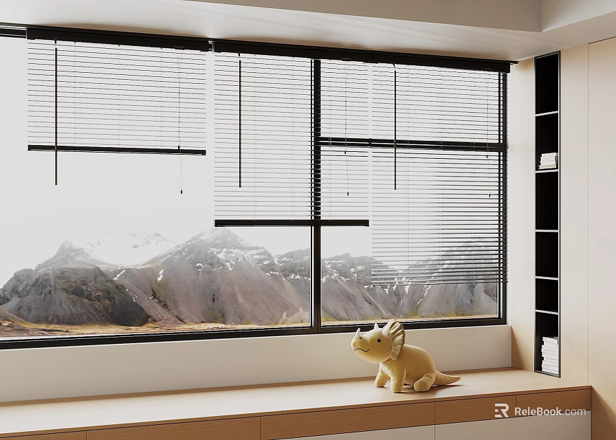 Modern Window Blinds On Indoor Window With Mountain View And Decorative Figurine 3d model 