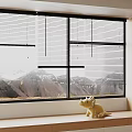 Modern Window Blinds On Indoor Window With Mountain View And Decorative Figurine