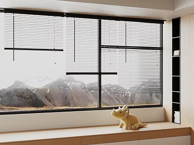 Modern Window Blinds On Indoor Window With Mountain View And Decorative Figurine 3d model