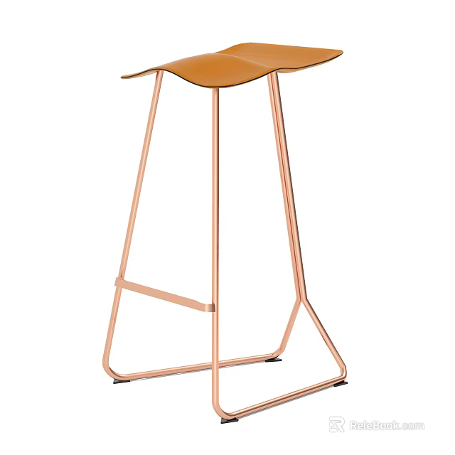Modern Minimalist Bar Stool With Orange Leather Seat And Copper Metal Frame Design 3d model 