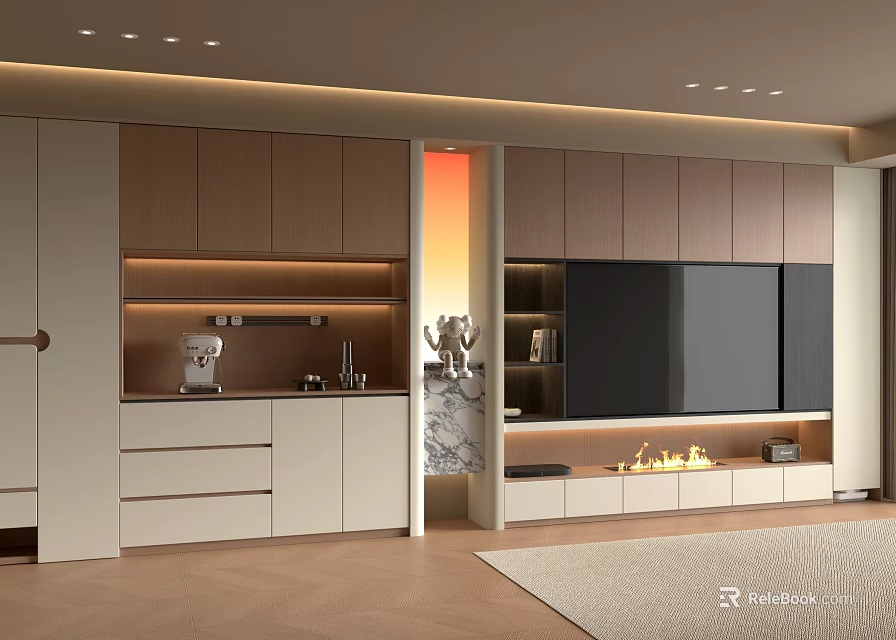Modern Living Room TV Stand With Wooden Panels Built in Storage And LED Lighting 3d model 