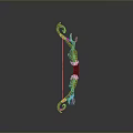 Fantasy Style Curved Bow Weapon With Decorative Red Green Gemstone Accents