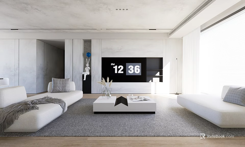 Modern Living Room Interior With White Sofa Coffee Table Gray Rug And TV 3d model 