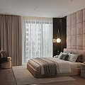 Modern Luxury Bedroom Interior With Tufted Headboard Pendant Lights Beige Bed Gray Curtains And Wardrobe