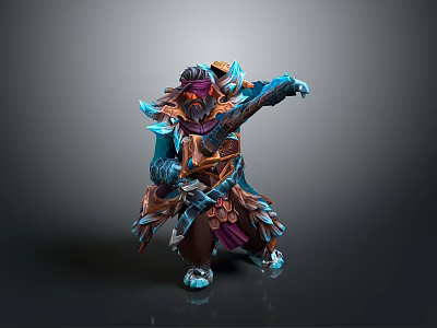 Man in Decorated Blue and Gold Armor Holding Weapon in Battle Stance 3d model