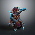 Man in Decorated Blue and Gold Armor Holding Weapon in Battle Stance