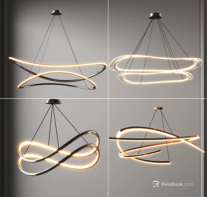 Modern Artistic Curved Illuminated Chandelier With LED Metal Frame Design 3d model 