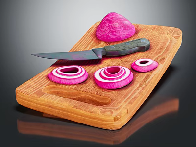 Wooden Cutting Board With Sharp Knife And Fresh Purple Onion Sliced Rings 3d model