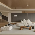 Modern Living Room Interior With Comfortable Sofa Wooden Coffee Table Floor Lamp And Potted Plant