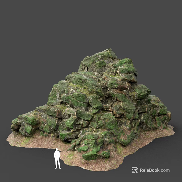 Natural Green Moss Covered Rock Formation With Textured Surface And Earthy Base 3d model 