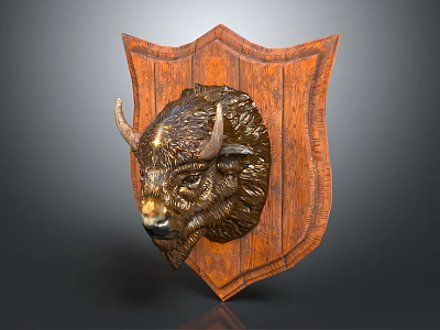 Decorative Metal Bull Head Sculpture On Wooden Shield Shaped Background With Relief Design 3d model