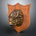 Decorative Metal Bull Head Sculpture On Wooden Shield Shaped Background With Relief Design