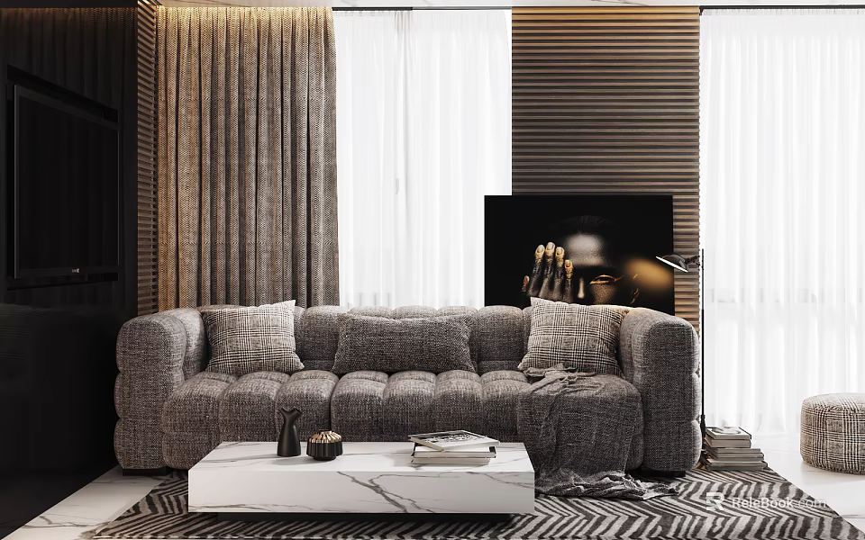 Multi Seater Gray Fabric Sofa With Plush Cushions Marble Coffee Table And Modern TV Backdrop 3d model 