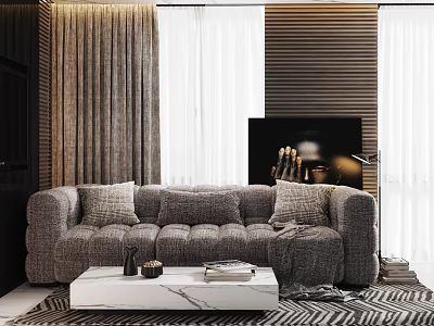 Multi Seater Gray Fabric Sofa With Plush Cushions Marble Coffee Table And Modern TV Backdrop 3d model