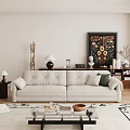 Modern Living Room Interior Design With Beige Sofa Decorative Painting Wooden Blinds And Ornaments