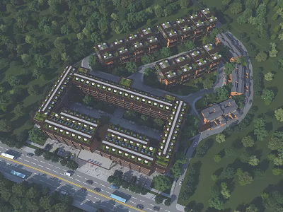 Aerial Planning of Residential Cluster With Green Roofs And Surrounding Trees 3d model