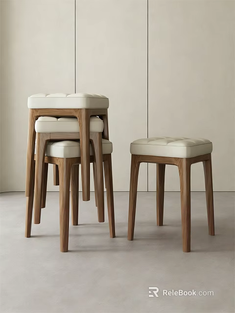 Modern Tufted Stools With White Padded Seats And Wooden Legs Design 3d model 