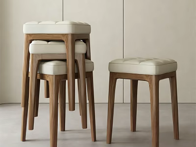 Modern Tufted Stools With White Padded Seats And Wooden Legs Design 3d model