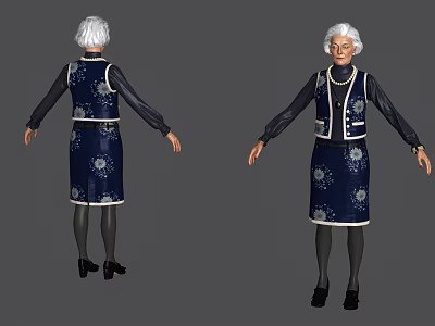 Elderly Woman Wearing Dark Blue Dress With White Patterns Black Vest Front Back Views 3d model
